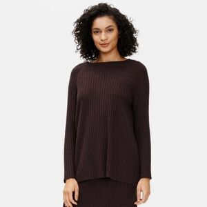 Eileen Fisher Merino Crew Neck Top in Regenerative Wool Brown Ribbed Sweater S